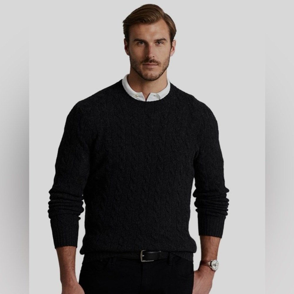 POLO RALPH LAUREN CABLE KNIT CASHMERE CREW NECK RIBBED CUFF BLACK LG. NWT